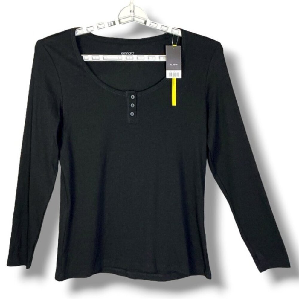 Esmara Long Sleeve Henley Ribbed Top Round Neck Tee Button Detail Black XL 16/18 - Picture 2 of 16